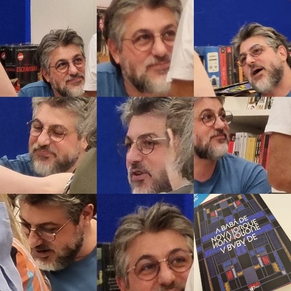 colagem com 9 fotos, 8 delas de homem grisalho de óculos e uma, um quadrado no canto inferior direito com o livro a babá de nova iorque sobre uma mesa