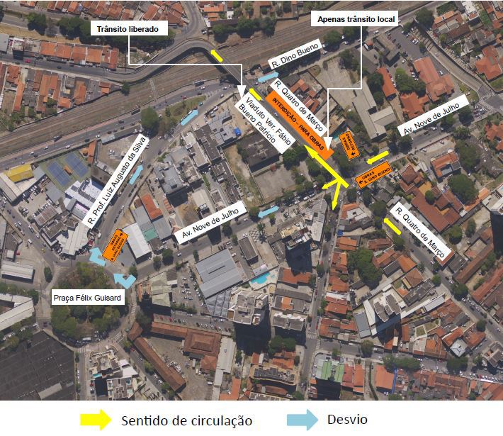 mapa ilustrativo de como vai ficar o trânsito na região do viaduto torto em taubaté