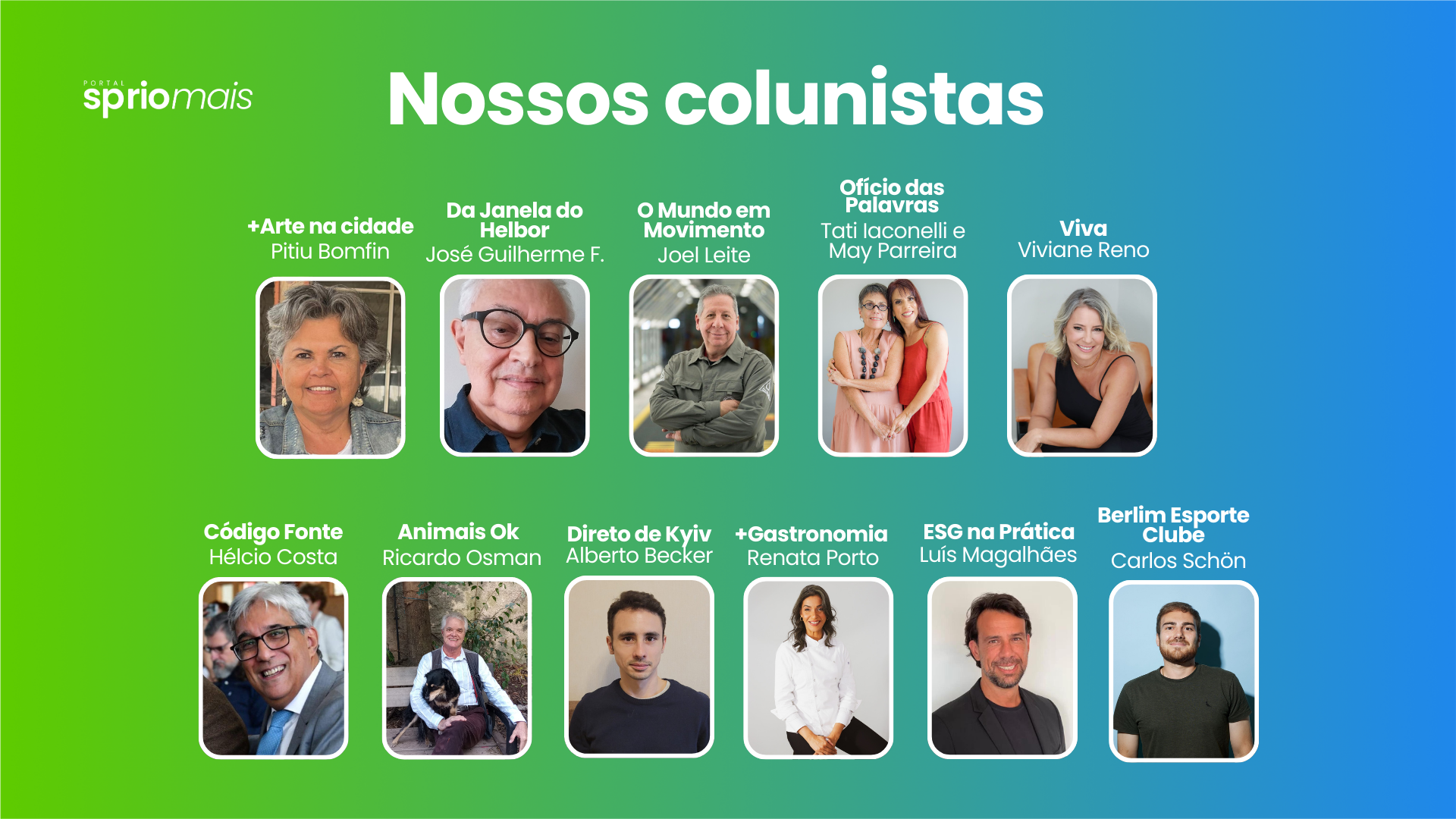 montagem com fotos dos 12 colunistas do portal e o nome de suas colunas