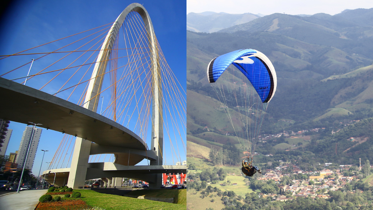 colagem com foto da ponte estaiada em sjc à esquerda e voo de parapente de montanha à direita, em sfx
