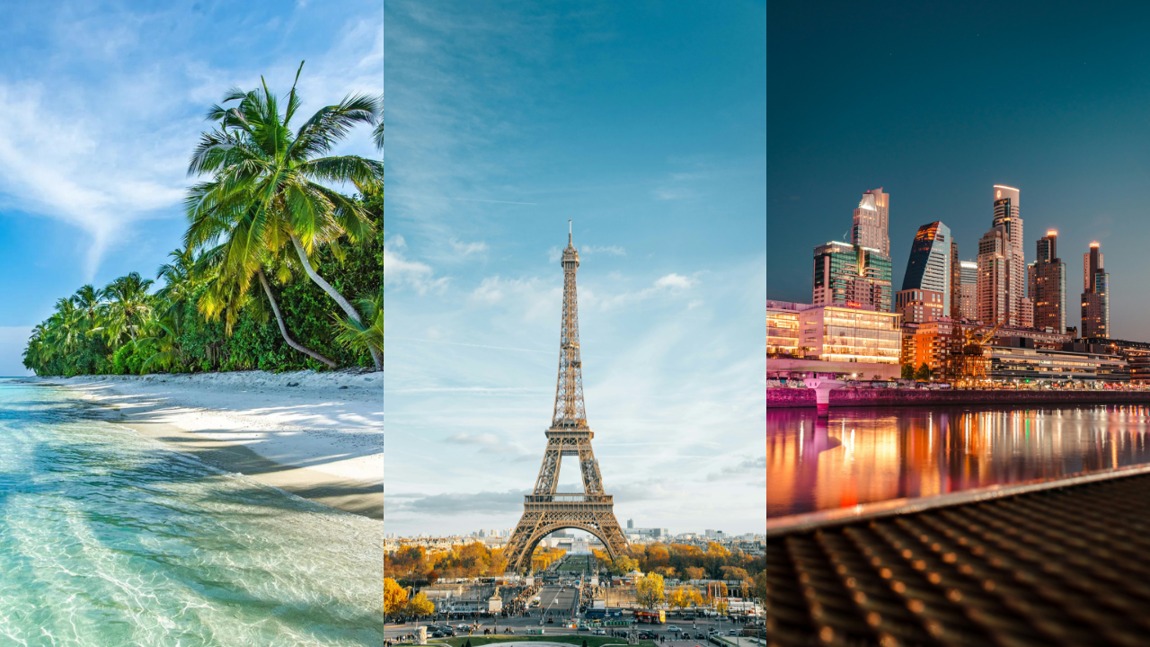 colagem com fotos de praia nas maldivas, torrei eiffel em tarde em paris e noite em buenos aires