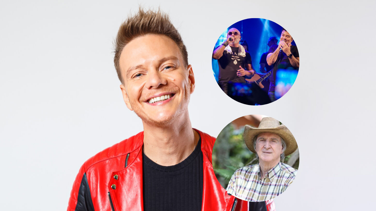 colagem com foto de michel teló sorrindo e ao lado dele, dois círculos menores, um embaixo do outro, com fotos da dupla rick & renner e do cantor sérgio reis, todos que irão cantar no festival são joão em caçapava
