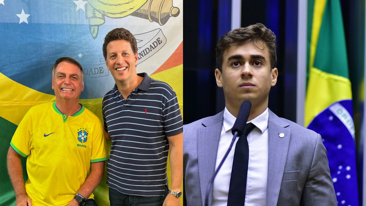 montagem com fotos de ricardo salles ao lado de jair bolsonaro e também do deputado nikolas ferreira