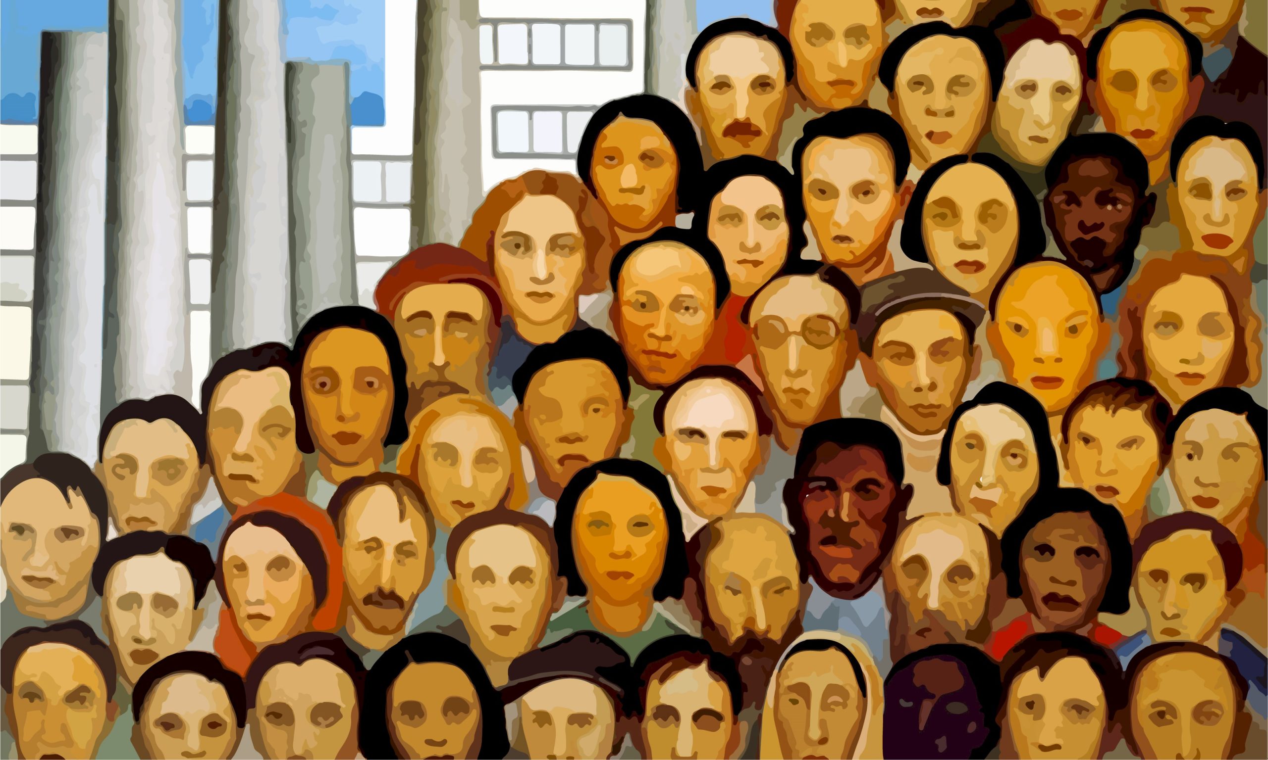 tela "operários", de tarsila do amaral, em 1933; rostos de pessoas formam meia pirâmide frente à fábrica