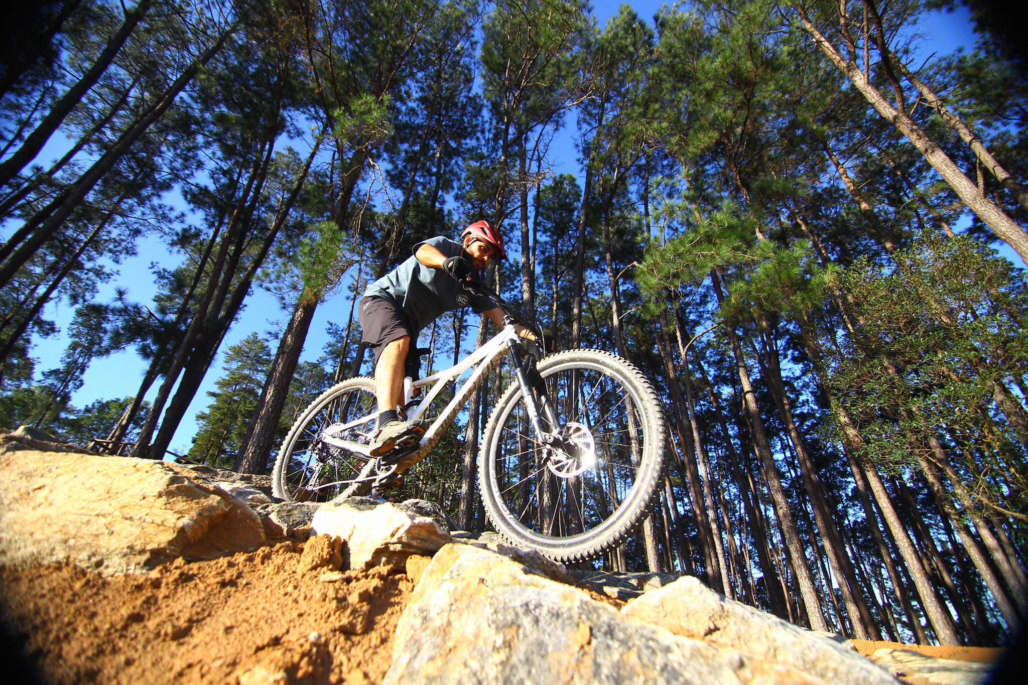 ciclista visto de baixo praticando mountain bike sobre pista de pedras