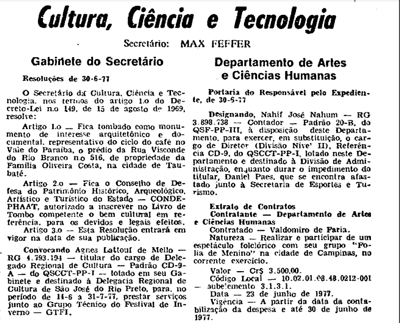 trecho do diário oficial de taubaté que mostra autorização para tombar o casarão como monumento de interesse arquitetônico