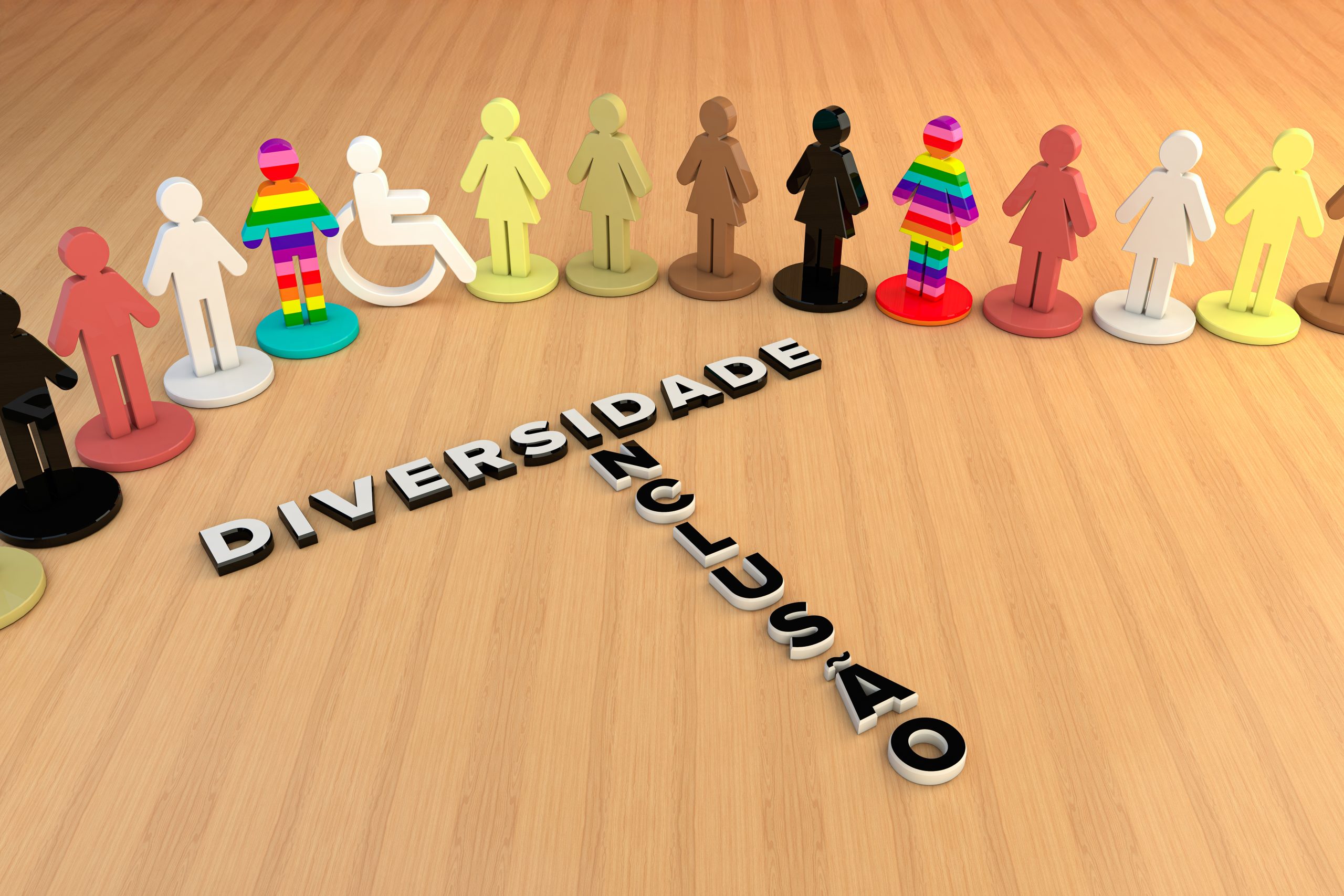 3D illustration of colorful human figures representing diversity and inclusion, with different skin tones and patterns symbolizing equality, respect and unity in a multicultural environment.