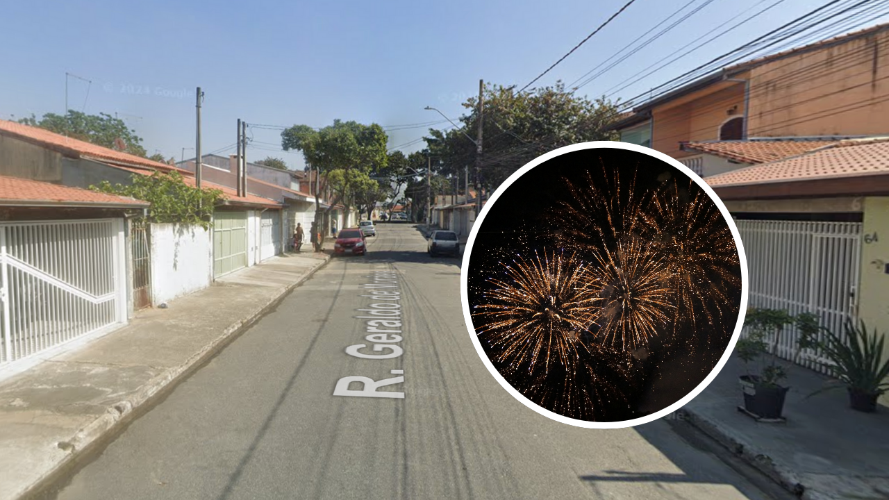 montagem com foto da rua geraldo de moraes e foto de fogos de artifício em destaque dentro de círculo