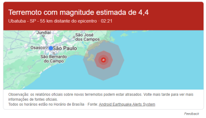Alerta de terremoto recebido por moradores de SP e RJ, o que inclui Vale e Litoral Norte