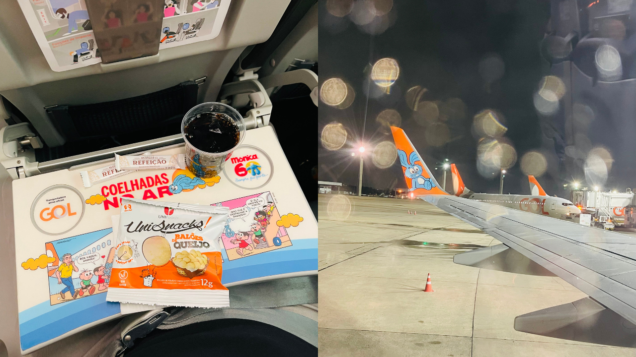 colagem de fotos que passageiro tirou de dentro do avião da gol em voo inaugural da rota sjc e rio, a primeira, à squerda, da bandejinha com um copo de coca-cola e um pacote de biscoito, e a segunda da janela do avião ainda etsacionado