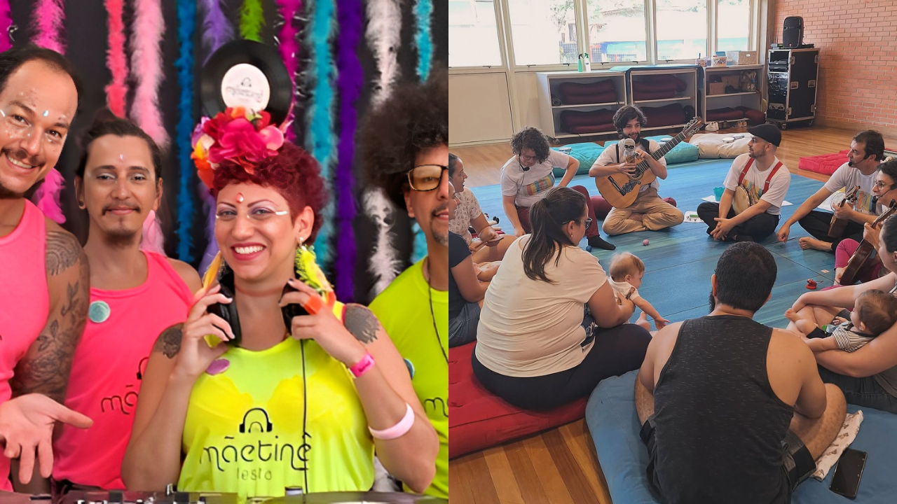 fotos que ilustram atividades da mãetine e do samba para nenês, parte da programação de carnaval do sesc em são josé dos campos