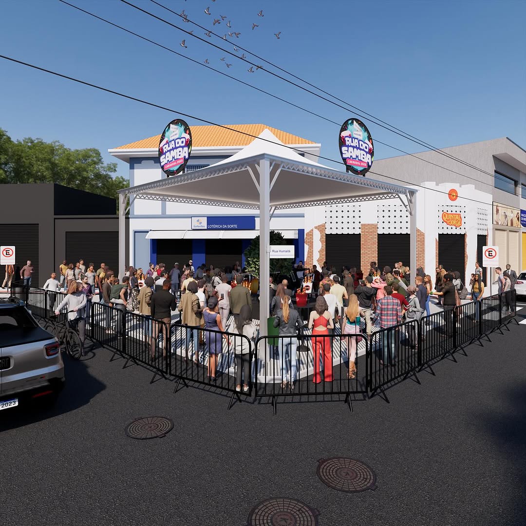 proejto 3d da esquina do bar casa de jorge com a estrutura montada para o carnaval, com lona sobre a esquina e pate da festa alcançando a rua, isolada por grades