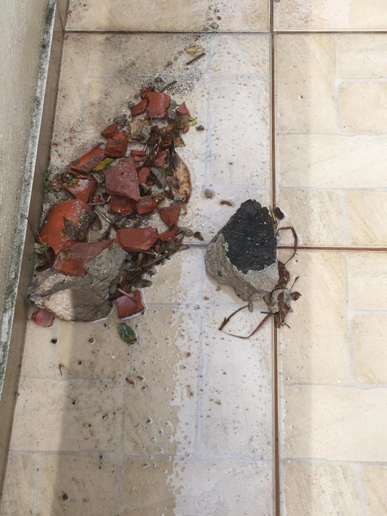 Fragmentos de telha após raio cair sobre casa no Jardim Esplanada em SJC