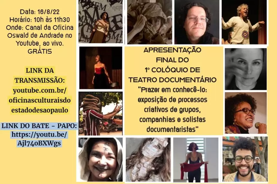 Arte com diversas fotos dos participantes da mostra da Oficina Cultural Oswald de Andrade, com texto em volta com as informações, em um fundo amarelo.