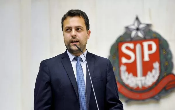 Candidato Ricardo Mellião. Ele é branco, possui cabelo liso castanho escuro e barba por fazer.