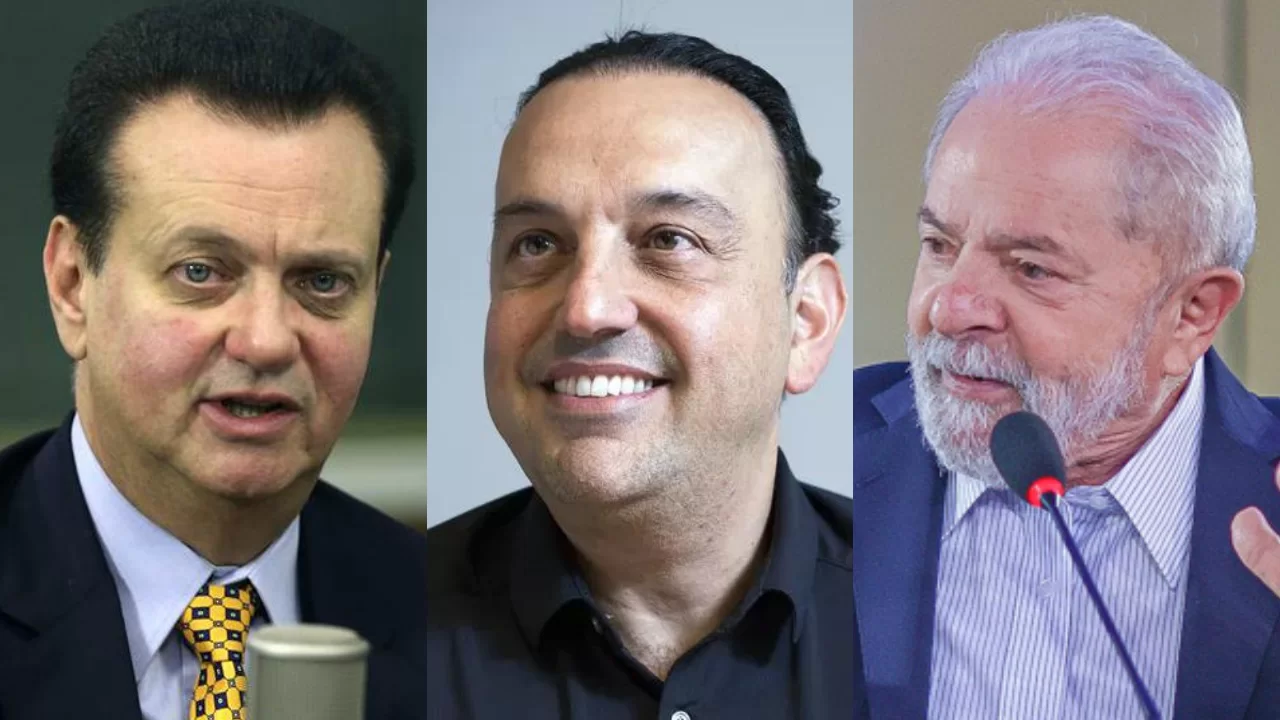 Arte mostra Gilberto Kassab, Felicio Ramuth e Luiz Inácio Lula da Silva, respectivamente, ilustrando a matéria que Kassab buscará acordo com PT e Lula.