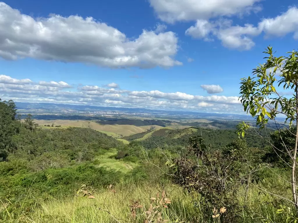 Vista da Mata Atlântica e do cerrado em Caçapava, com área verde em volta, céu azul e nuvens.
