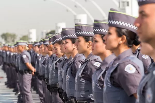 soldados da polícia militar perfilados e de perfil em formatura em são paulo.