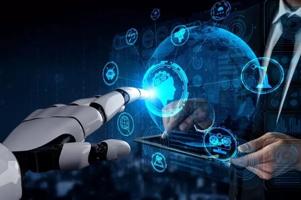 ilustração que simula mão de robô tocando mã o de humano em painel de inteligência artificial