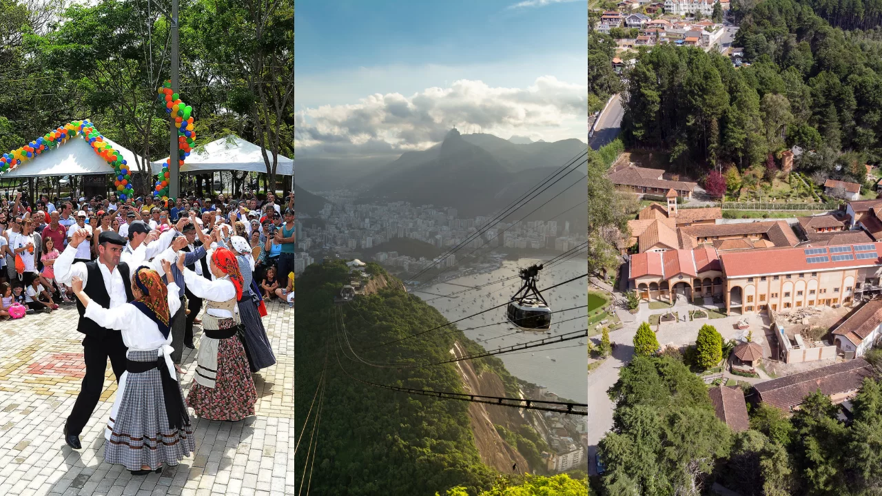 colagem com três fotos na vertical. a primeira mostra um festival com casais dançando em praça de campinas com roupas de época num estilo meio cigano. a segunda mostra a vista do bondinho no rio de janeiro. a terceira mostra edificação/complexo de arquitetura parecida com a europeiavisto de cima em campos do jordão.