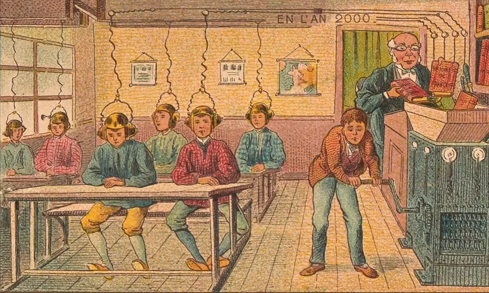 ilsutração retrô de alunos em sala de aula