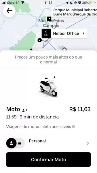 print de tentativa de solicitação de viagem com moto feita pela sp rio+ na 99