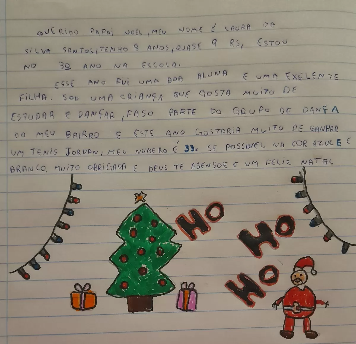 Cartinha de criança carente pedindo presente para Papai Noel dos Correios em SJC
