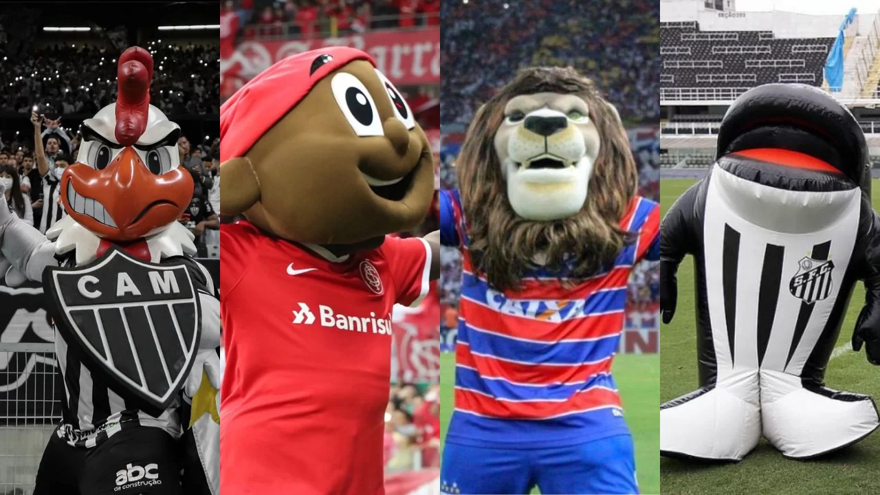 colagem com mascotes de clubes brasileiros: da esquerda para a direita, galo doido (atlético mineiro), saci (internacional), leão (fortaleza) e baleia (santos),
