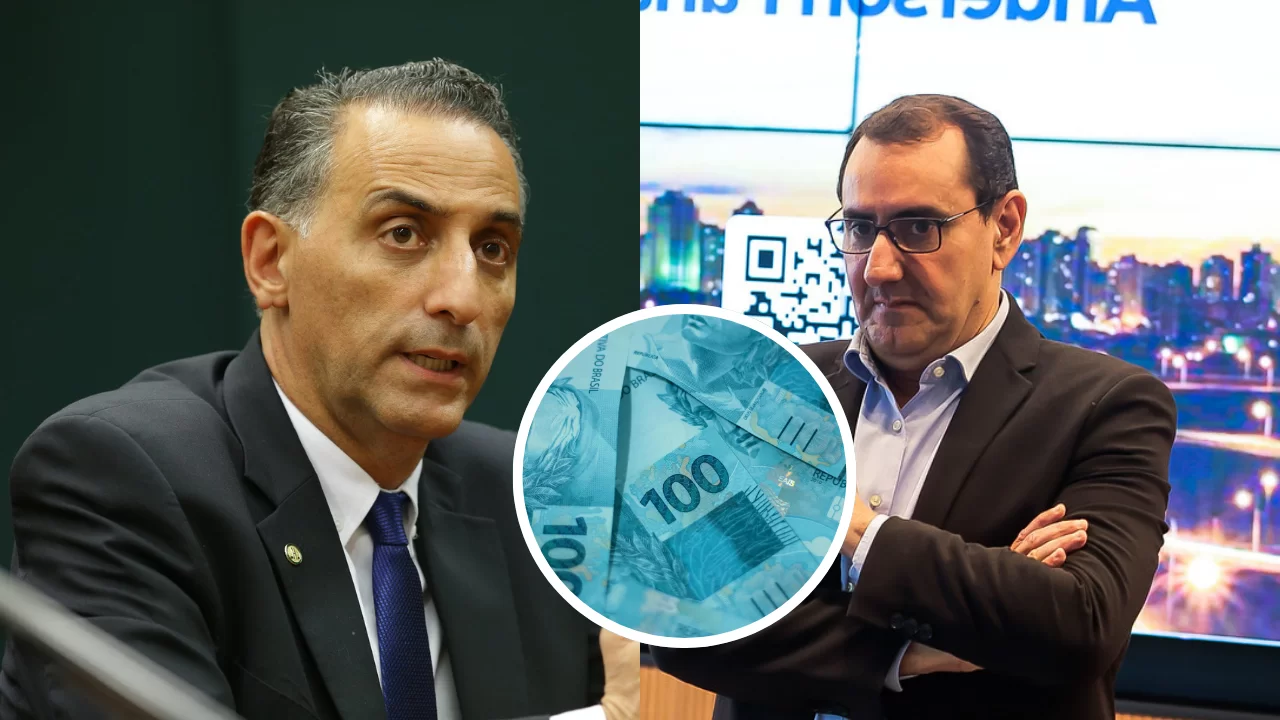 montagem com fotos de eduardo cury e anderson farias e círculo com foto de notas de cem reais entre os dois
