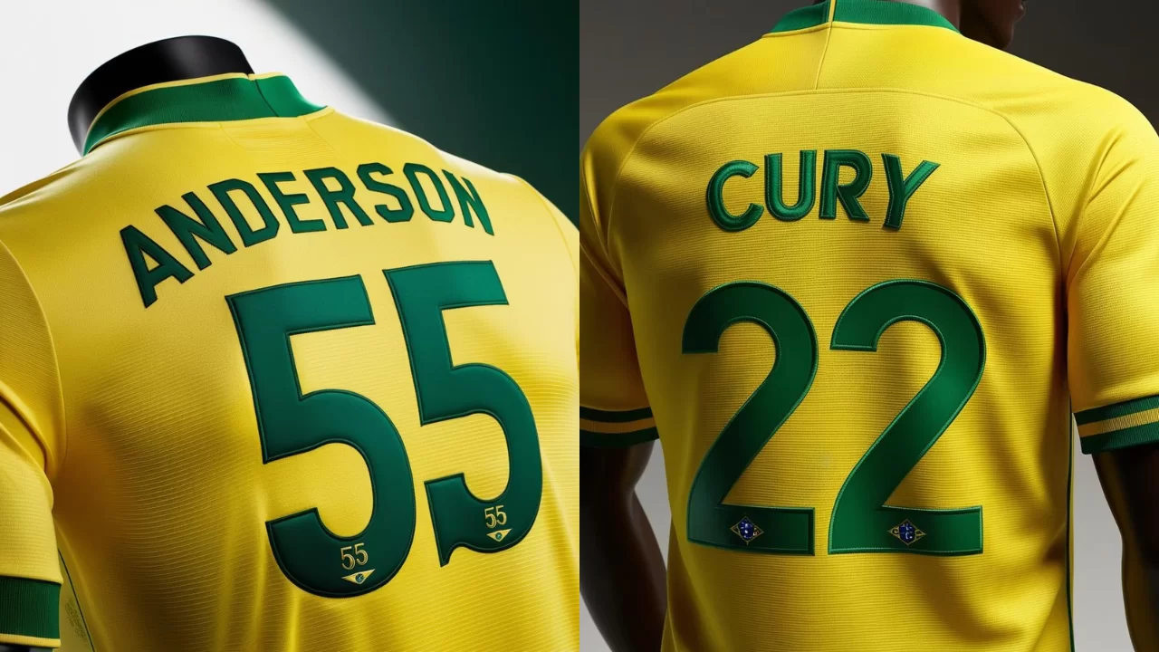 ilustrações produzidas por inteligência artificial de camisas amarelas e verde da seleção brasileira com "anderson 55" nas costas e outra com "cury 22"