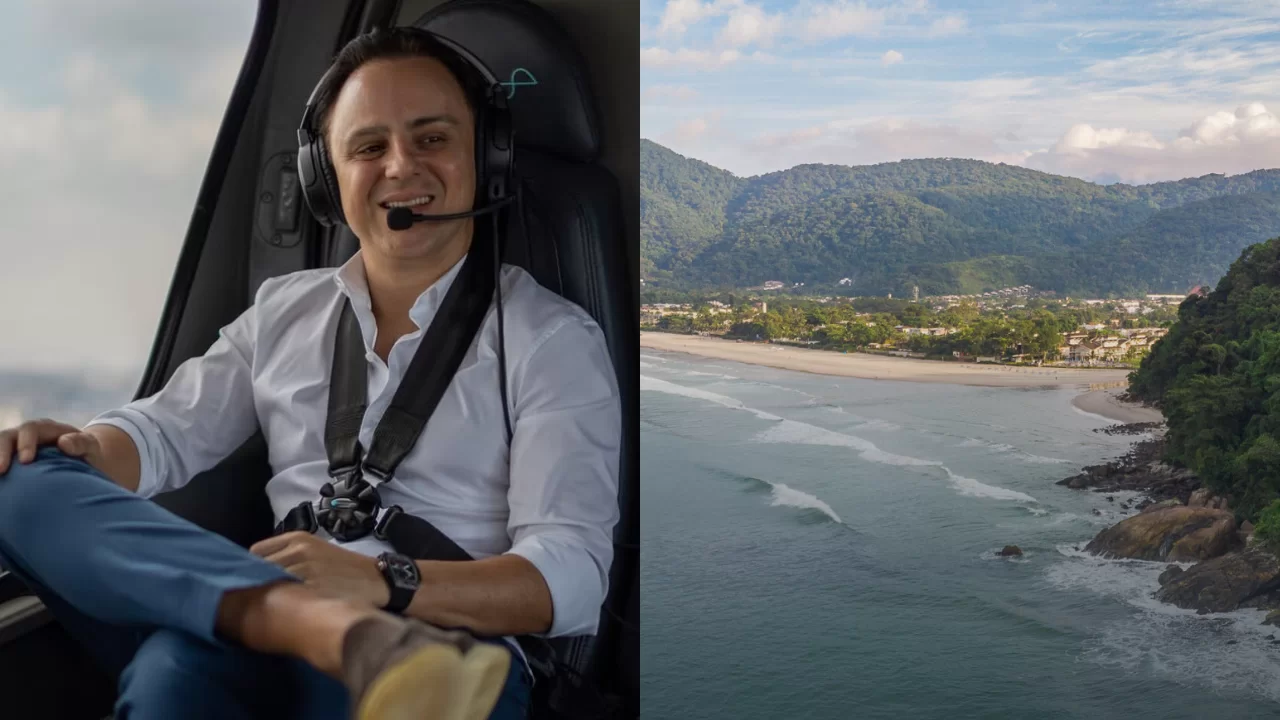 colagem com felipe massa e foto de praia no litoral